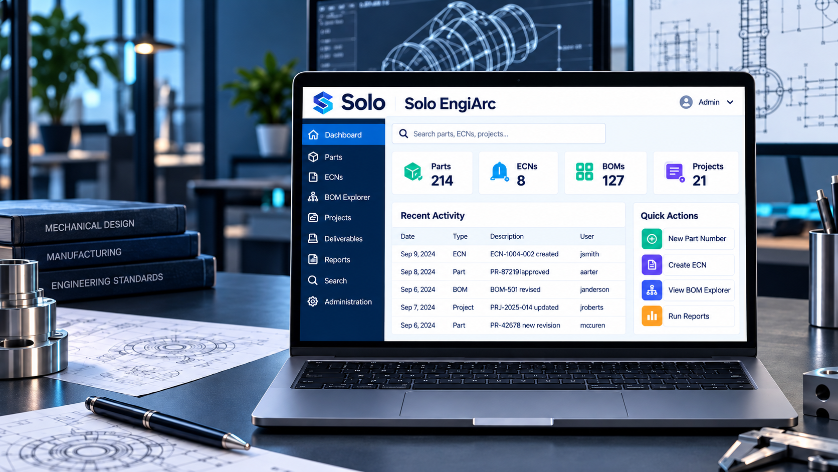 Solo EngiArc dashboard showing parts, ECNs, BOM Explorer, projects, customers, reports, recent activity, and quick actions